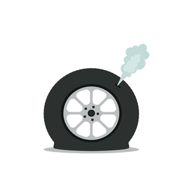 Deflated automobile tire. Punctured wheel of car. Element of Tire service station. Cartoon flat illustration. Comic air and smoke. Accident and repair