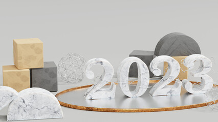 New Year composition 2023, calendar, Merry Christmas.  3D rendering.