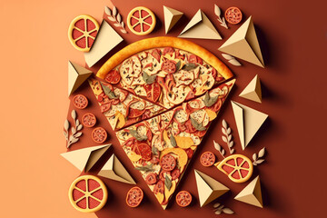 paper craft style illustration , pizza cut in piece
