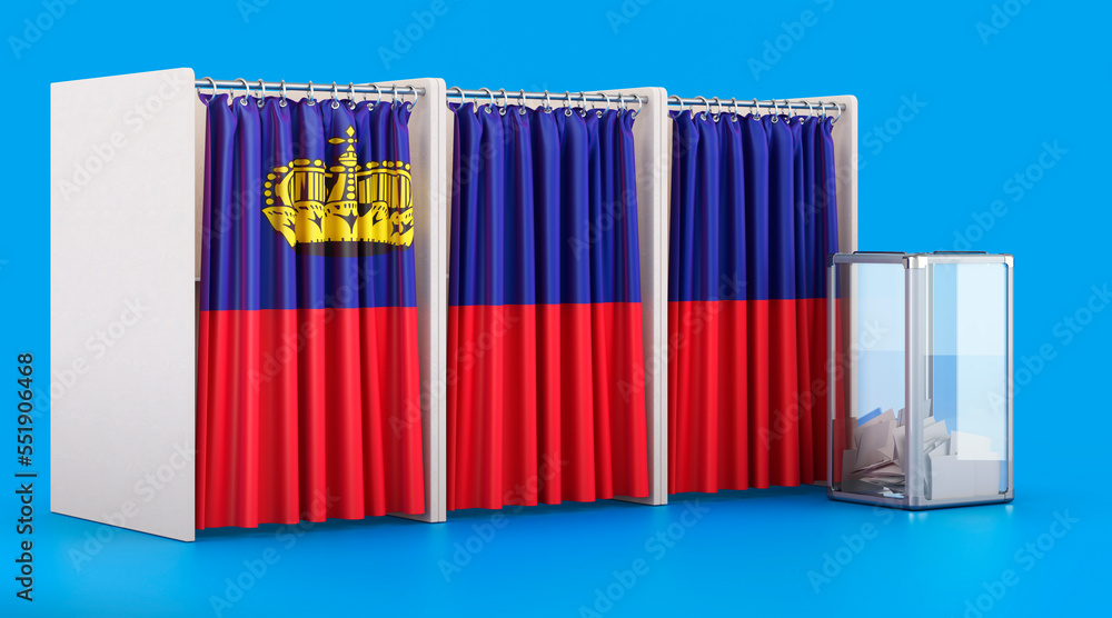 Poster voting booths with liechtensteiner flag and ballot box. election in liechtenstein, concept. 3d rende