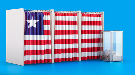 Voting booths with Liberian flag and ballot box. Election in Liberia, concept. 3D rendering