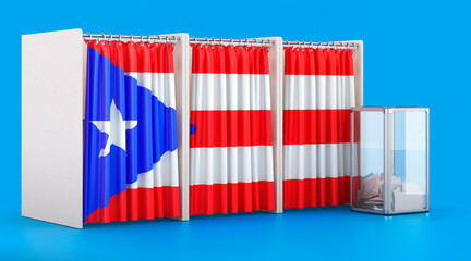 Voting booths with Puerto Rican flag and ballot box. Election in Puerto Rico, concept. 3D rendering