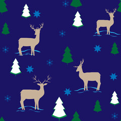 Colorful deer on blue chaotic seamless pattern