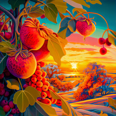 Lush fruit growing in an orchard during golden hour