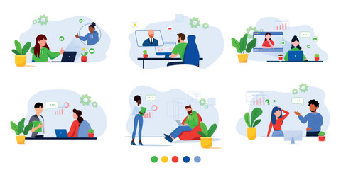 Big set of flat illustrations of office workers, managers. Remote work, online conference. Feedback from employees and managers. Marketing department in a big company isolated concept