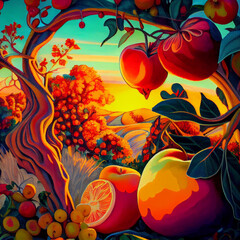 Obraz na płótnie Canvas Lush fruit growing in an orchard during golden hour