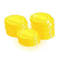 Cartoon illustration with three stacks of coins. View from above. Shiny gold coins. Vector flat illustration. Symbol of money relations. Economics, business and banking