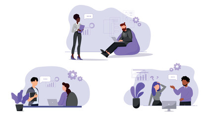 Fototapeta premium Set of flat illustrations Office work Feedback from employees and managers. Illustrations in purple and gray colors. 