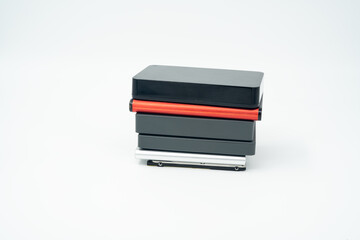 Group of external hard drives on the white background