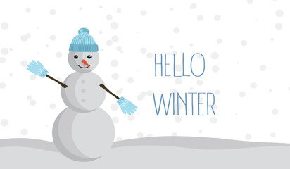 Hello Winter. Snowman with hat and glove. Winter concept snowfall, snowman with glove and hat. Vector illustration eps10