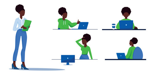 Flat vector illustration of an afro girl in the office. Manager, employee, job. Black girl without a face