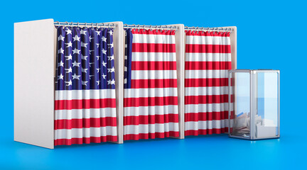 Voting booths with the United States flag and ballot box. Election in the USA, concept. 3D rendering
