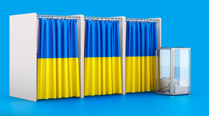 Voting booths with Ukrainian flag and ballot box. Election in Ukraine, concept. 3D rendering