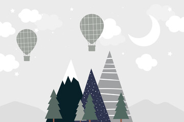 Vector hand drawn mountains in modern scandinavian style with hot air balloons and forest. Children's modern wallpaper in doodle style. © YUSI_DESIGN