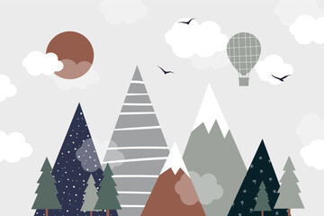 Vector hand drawn modern design of kids mountains. Mountains in doodle style. For children's wallpapers. Mountains, clouds, tree, forest, air balloon, sun and birds.