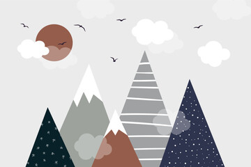 Vector. Hand drawn modern mountains in doodle style. Sun, birds, clouds and mountains. Children's landscape, wallpaper design, children's wall.
