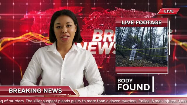 African American TV anchor presenting news, body found, breaking news background