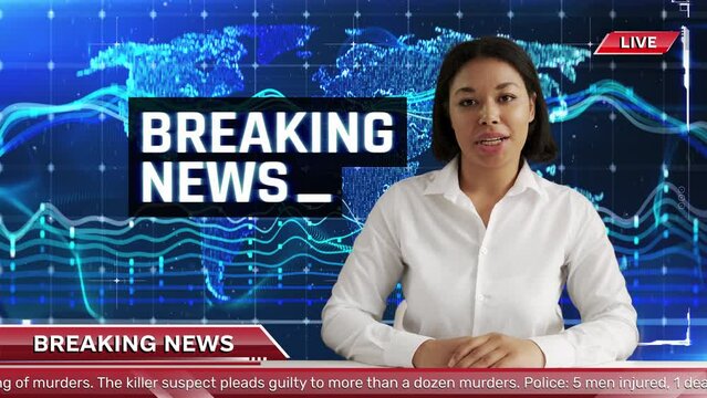African American newscaster presenting generic breaking news background and text