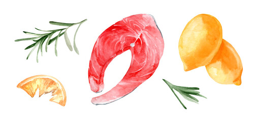 Salmon fillet steak, lemon and rosemary branch. Set of watercolor hand drawn illustrations isolated on white background