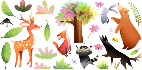 Forest Animals Zoo and nature objects like tree, leaves, grass and bugs. Design clip art collection of animals and wildlife for children. Vector illustration in watercolor style for kids. - 551908258
