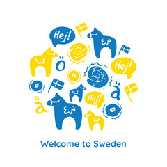 Vector Illustrations with Symbols of Sweden and Swedish culture. Greeting card with white background, yellow and blue objects and text Welcome to Sweden