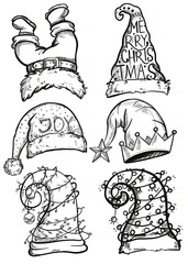 Hand drawn illustration of a line Santa hats. Black and white