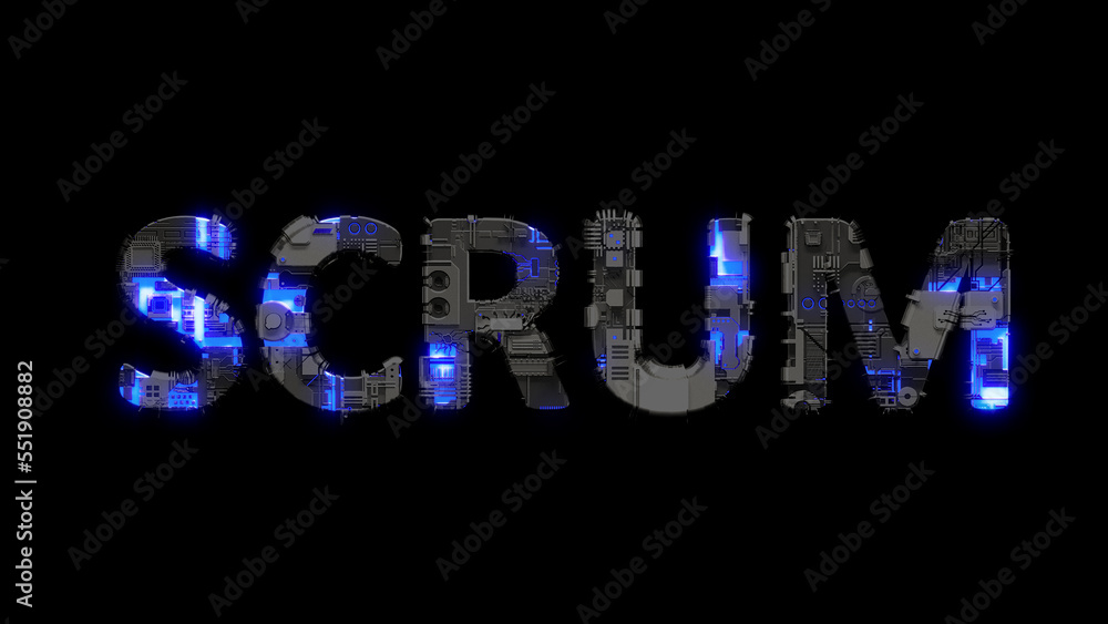 Poster modern cybernetical text scrum shining blue electric light, isolated - object 3d rendering