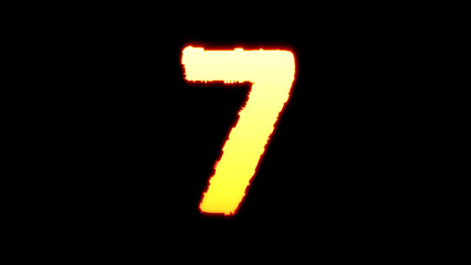 number 7 - bright yellow blazing dichroic font on black, isolated - object 3D illustration