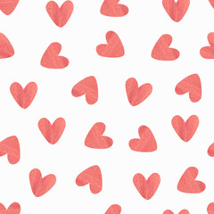 Fototapeta na wymiar Seamless pattern red hearts on the white background. Texture for wrapping paper, fabrics, decor. Also suitable for valentines day.