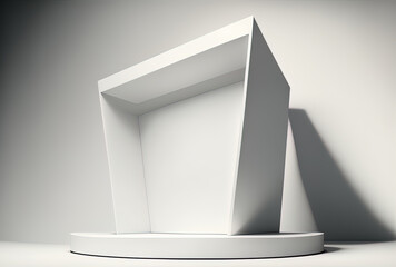 Illustration of a podium in an abstract white setting for a commercial presentation. Generative AI