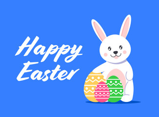 Happy easter banner vector illustration. Easter bunny with eggs, easter rabbit.  