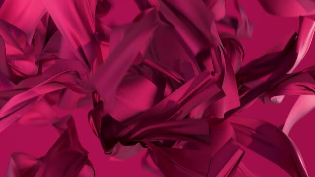 Magenta textured 3D cloth stripe simulation. Nice golden fabric flying on rose background. Render animation of magenta colour cloth.