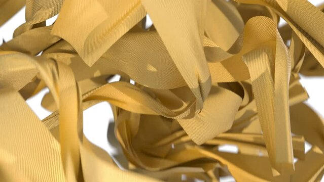 Gold  textured 3D cloth stripe simulation. Nice golden fabric flying on white background. Render animation of golden cloth.