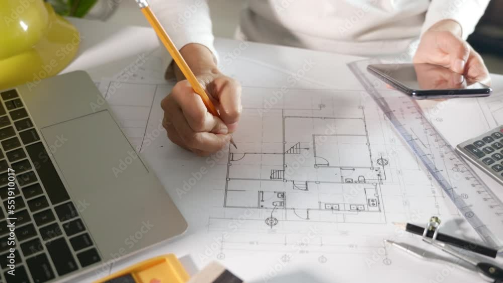 Poster architectural project workplace. architect using smartphone or mobile phone to review design of hous