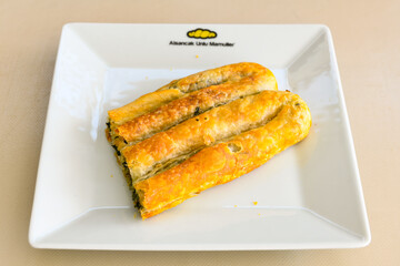 Turkish Dessert Sobiyet  Baklava, kadayif,  mussels baklava and classic baklava with Pistachio . Cevizli, Fistikli Baklava, top view.