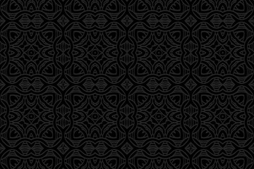Embossed decorative black background, ethnic cover design. Press paper, doodle and zentangle technique. Geometric 3d pattern. Creative tribal themes of East, Asia, India, Mexico, Aztecs, Peru.