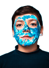 Funny children portrait  with face painting on color background