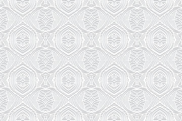 Embossed boho white background, cover ethnic design. Press paper, doodle and zentangle technique. Geometric 3d pattern. Creative tribal themes of East, Asia, India, Mexico, Aztecs, Peru.