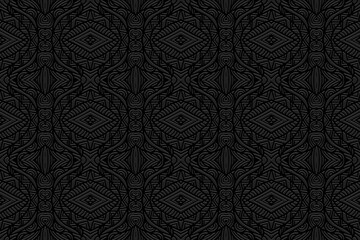 Embossed artistic black background, ethnic cover design. Press paper, doodle and zentangle technique. Geometric 3d pattern. Creative tribal themes of East, Asia, India, Mexico, Aztecs, Peru.