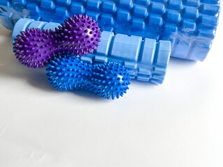 Foam massage rollers. Blue double or peanut spikey balls massager for yoga pilates or stretching...