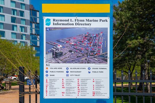Raymond L. Flynn Marine Park sign in Seaport District, city of Boston, Massachusetts MA, USA. 