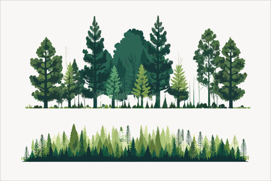 Green tree border. Forest foliage and coniferous plants. Flat cartoon illustration isolated on white background