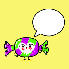 Cute funny Candy with speech bubble. Vector hand drawn cartoon kawaii character illustration icon. Isolated on yellow background. Candy character concept