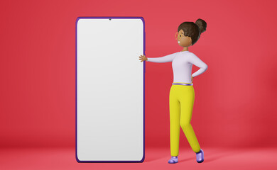 Smiling African American girl big smartphone mockup pink 3D rendering app UI UX design. Freelance worker Studying education student. Cartoon multiethnic character business woman gadget screen display.