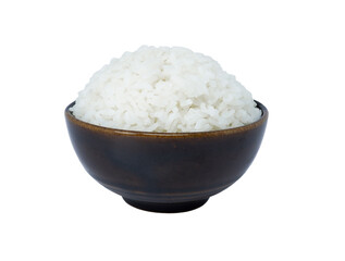 Bowl of cooked rice isolated on white background, top view with PNG.