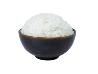 Bowl of cooked rice isolated on white background, top view with PNG.