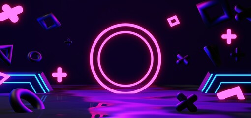 3d illustration rendering, gaming gamer background abstract wallpaper, cyberpunk style metaverse scifi game, neon glow of stage scene pedestal room © Kantapon