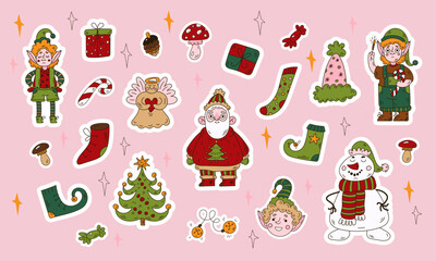 Cute doodle X-mas sticker pack. Set of Christmas characters, Santa, Snowman, Pine and decoration