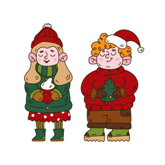 Christmas characters girl and boy in Santa hat and sweaters. Cute doodle Xmas illustration