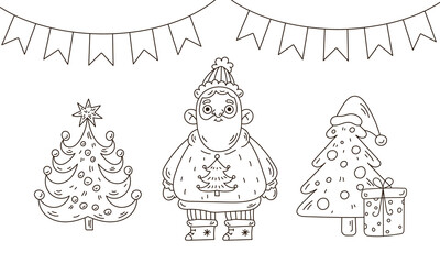 Cute Christmas coloring page with Santa Claus, Xmas tree and garland in doodle style